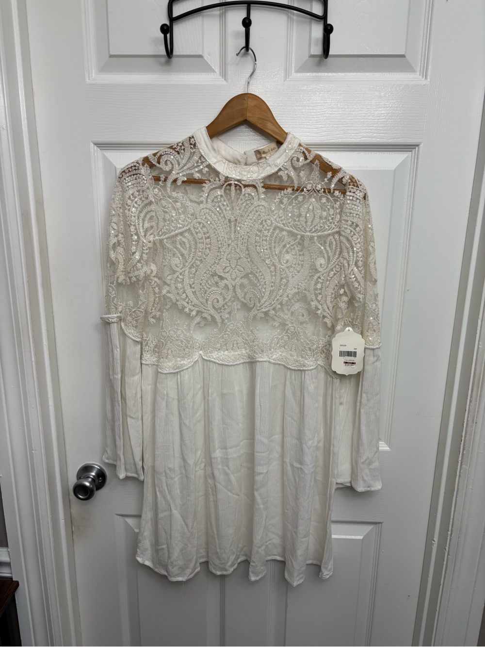 Altar'd State Sequin Ivory Lace Yoke Fairycore Boho Long Sleeve Tunic/Mini Dress